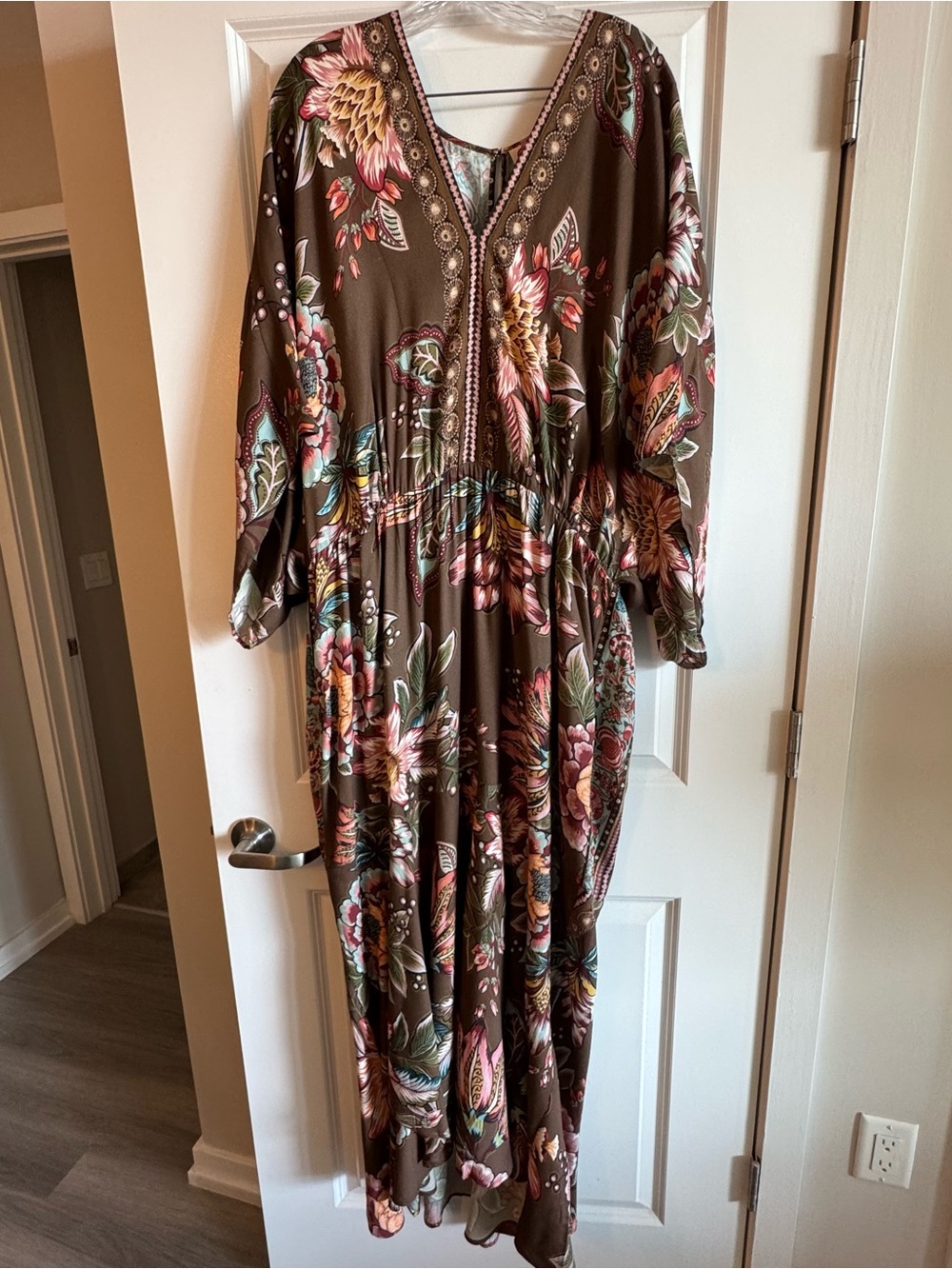FARM Rio Brown Floral Midi Dress with Pink & Green Accents